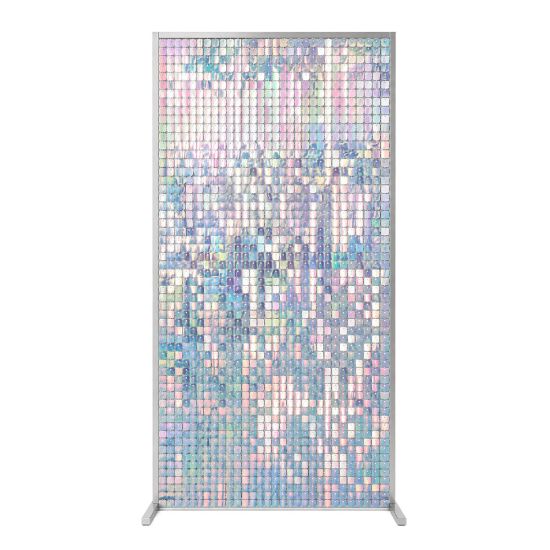 Iridescent sequin wall panel with color-shifting reflective tiles on stand, luxe photo backdrop for weddings and event photo ops.
