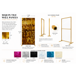Gold sequin wall panel with shimmering reflective tiles on stand, glamorous photo backdrop for weddings, galas, and event staging.