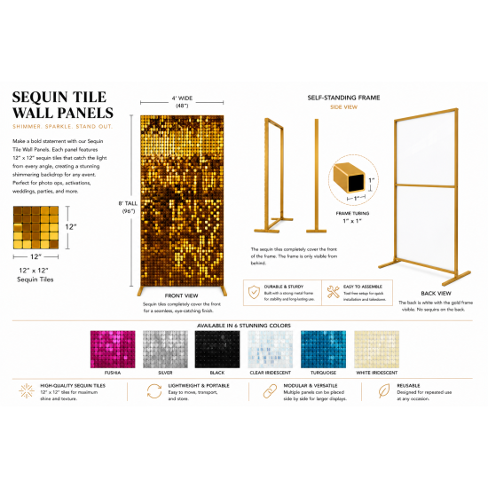 Gold sequin wall panel with shimmering reflective tiles on stand, glamorous photo backdrop for weddings, galas, and event staging.
