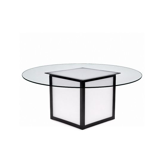 Round Skyline dining table 60″ with clear glass top and modern architectural base, ideal for contemporary event dining and reception décor