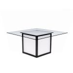 Square Skyline dining table 72″ × 72″ with clear glass top and modern architectural base, ideal for contemporary event dining and reception décor