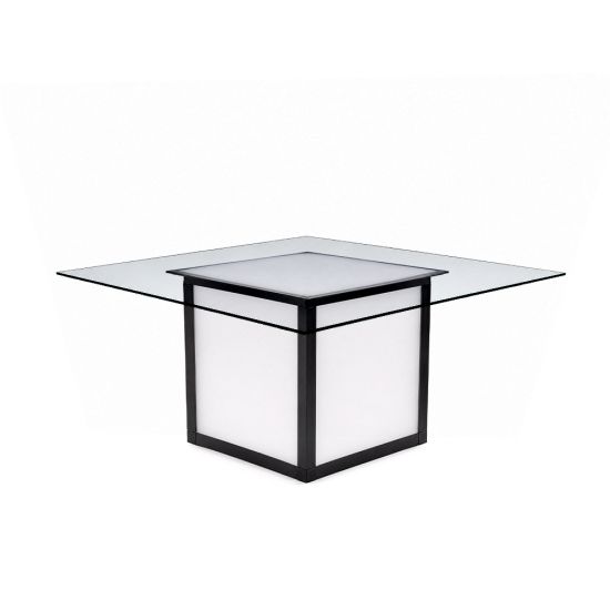 Square Skyline dining table 72″ × 72″ with clear glass top and modern architectural base, ideal for contemporary event dining and reception décor