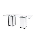 clear glass-top rectangular high-boy table supported by two white panel bases trimmed in dark frame from Skyline collection for event rental