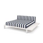 Alfresco outdoor sofa with white frame and navy-and-white striped cushions, modern patio lounge seating for events and weddings.