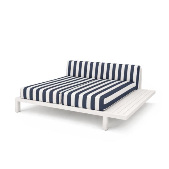 Alfresco outdoor sofa with white frame and navy-and-white striped cushions, modern patio lounge seating for events and weddings.