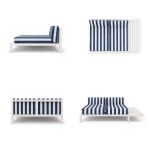 Alfresco outdoor sofa with white frame and navy-and-white striped cushions, modern patio lounge seating for events and weddings.