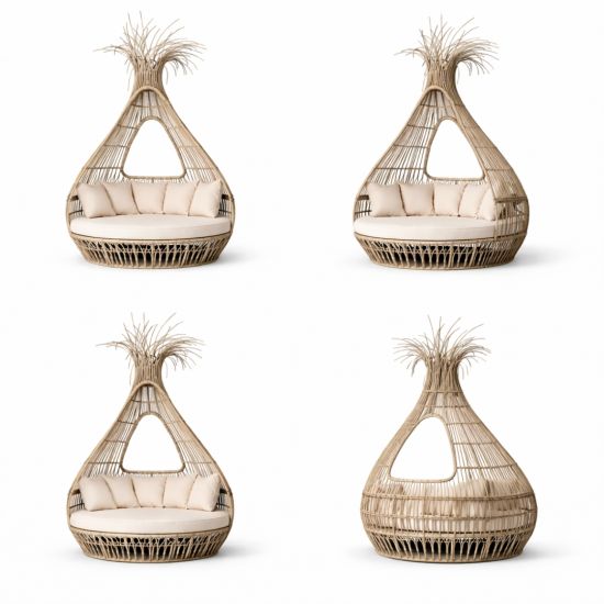 Bohemian wicker bed with teardrop canopy frame and cream cushion, statement lounge bed rental for boho weddings and outdoor events.