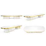 Reflection 16 ft oval dining table with white top, gold trim and modern base for luxury weddings, banquets and upscale event décor