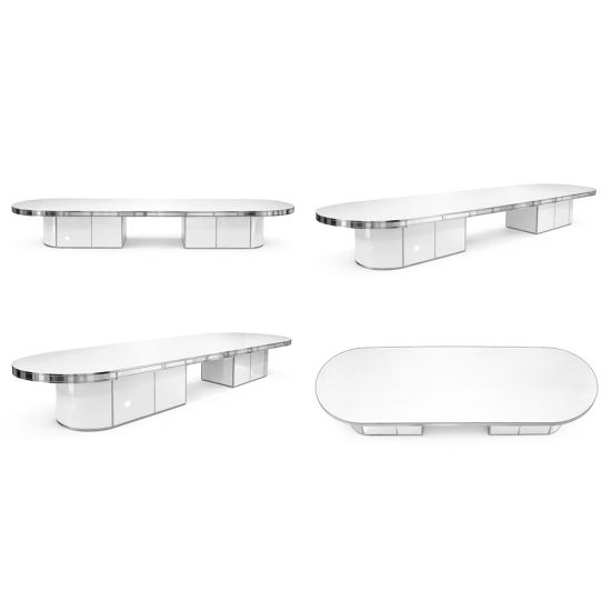 Reflection 16 ft oval dining table with white top and silver trim, modern base design for elegant weddings and formal event settings