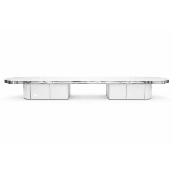 Reflection 16 ft oval dining table with white top and silver trim, modern base design for elegant weddings and formal event settings