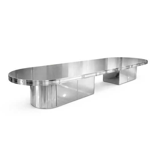 Silver Goddess 16 ft oval dining table in polished silver finish with modern sculptural base for upscale banquet and event décor