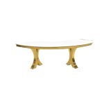 Reflection Serpentine gold table with white curved top and gold legs, modern serpentine dining table for upscale event styling and rentals.