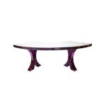Reflection Serpentine purple table with white curved top and purple legs, sleek serpentine dining table for weddings, galas, and event rentals.