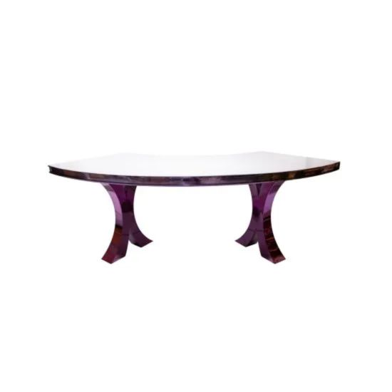 Reflection Serpentine purple table with white curved top and purple legs, sleek serpentine dining table for weddings, galas, and event rentals.