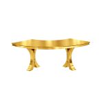 Reflection Serpentine gold table with stainless steel top, curved serpentine dining table with gold legs for luxury event rentals and décor.