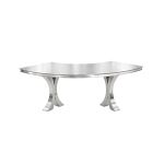 Reflection Serpentine silver table with stainless steel top and silver legs, curved serpentine dining table for upscale event rentals and styling.