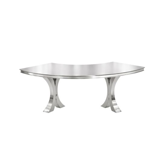 Reflection Serpentine silver table with stainless steel top and silver legs, curved serpentine dining table for upscale event rentals and styling.
