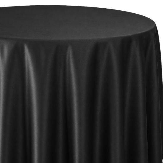 Black satin round table linen with a smooth drape and elegant sheen, ideal for weddings, corporate events, banquets, and luxury receptions.