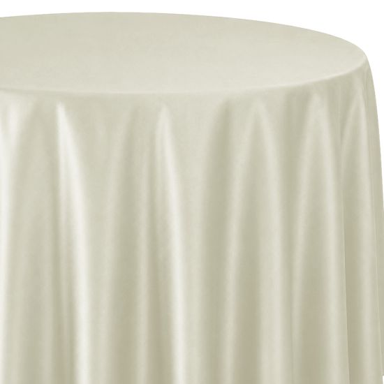 Ivory satin round table linen with a smooth drape and subtle sheen, perfect for weddings, receptions, galas, and elegant event décor.