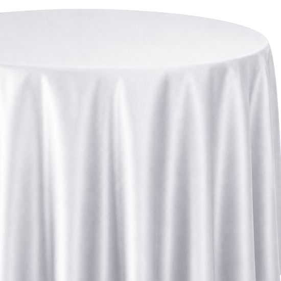 White satin round table linen with elegant draping and a subtle sheen, ideal for weddings, banquets, receptions, and luxury event décor.