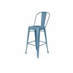 Periwinkle metal bar stool with backrest and foot-rail, urban industrial event seating for bar height tables