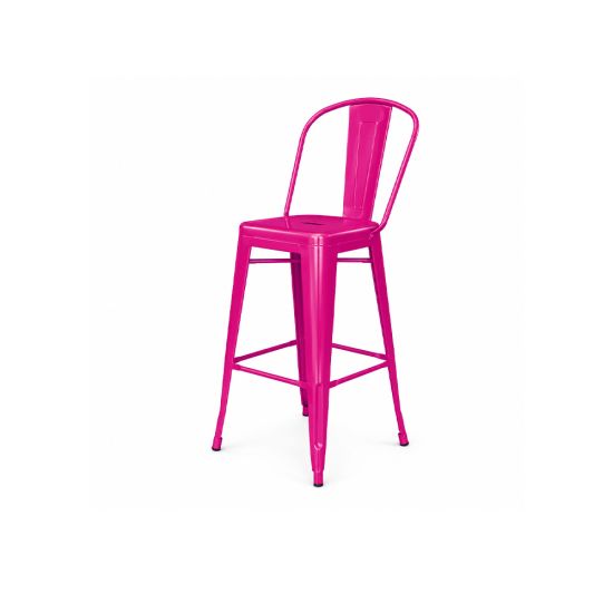 Fuchsia metal bar stool with backrest and foot-rail, urban industrial event seating for bar height tables