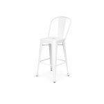 Urban white metal barstool with curved backrest and built-in footrest, modern industrial bar seating rental for events and parties.