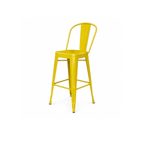 Urban silver metal barstool with curved backrest and built-in footrest, modern industrial bar seating rental for events and parties.