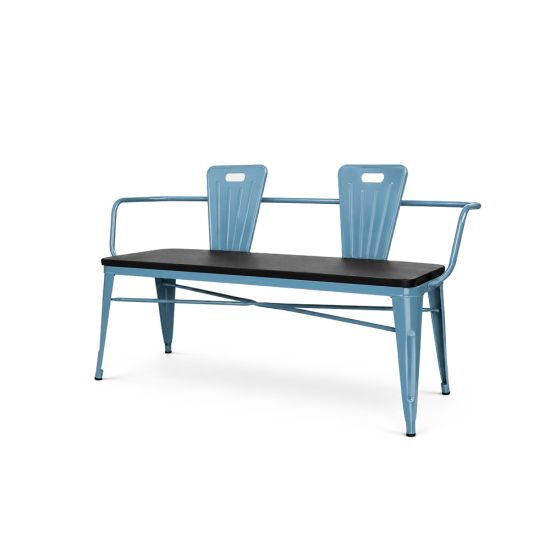 Urban loveseat in blue metal with two bucket backrests and slatted bench seat, modern lounge seating rental for events and parties.
