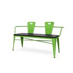 Urban loveseat in green metal with two bucket backrests and slatted bench seat, modern lounge seating rental for events and parties.