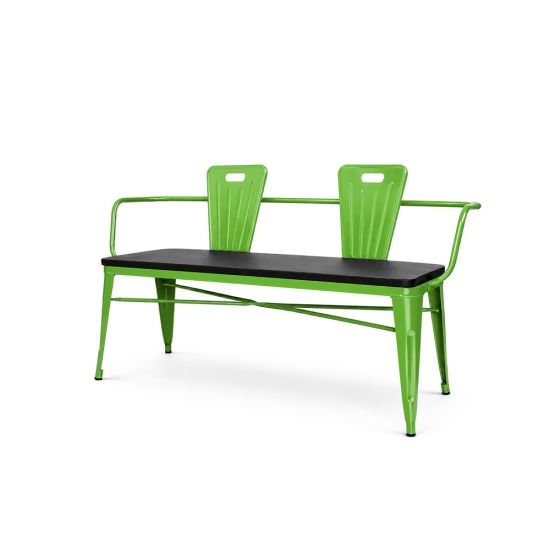 Urban loveseat in green metal with two bucket backrests and slatted bench seat, modern lounge seating rental for events and parties.