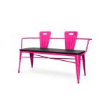 Urban loveseat in hot pink metal with two bucket backrests and slatted bench seat, statement lounge seating rental for events and parties.