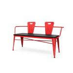 Urban loveseat in red metal with two bucket backrests and slatted bench seat, modern lounge seating rental for events and parties.