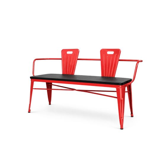 Urban loveseat in red metal with two bucket backrests and slatted bench seat, modern lounge seating rental for events and parties.