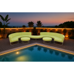 Modern round lounge ottoman with white wire base and lime green cushion