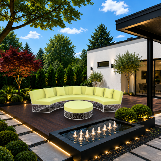 Modern round lounge ottoman with white wire base and lime green cushion