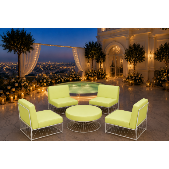 Modern round lounge ottoman with white wire base and lime green cushion