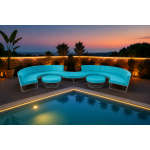 Contemporary curved ottoman with white wire frame and turquoise upholstered cushion
