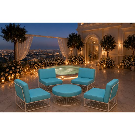 Modern 3-piece modular lounge sofa with white wire frame and turquoise cushions