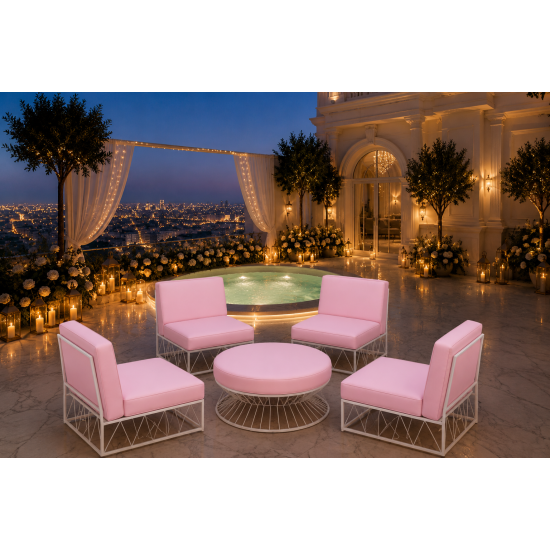 Modern modular lounge chair with white metal wire frame and light pink upholstered cushions