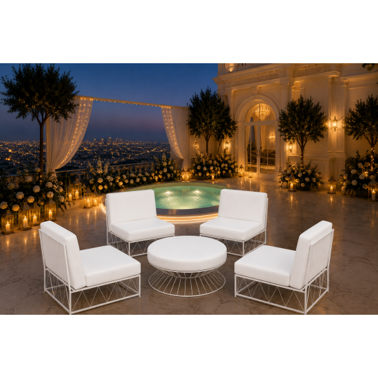 Minimalist modular 3-piece sofa with white cushions and white wire frame base