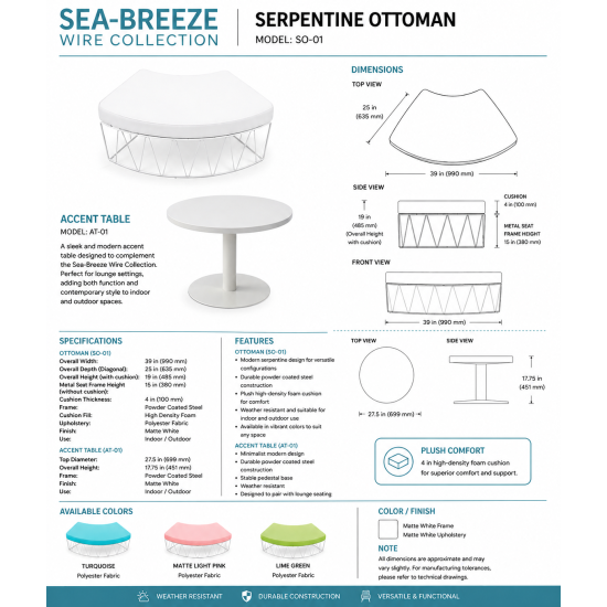 Contemporary curved ottoman with white wire frame and turquoise upholstered cushion