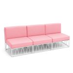 Contemporary modular sofa with white metal wire base and light pink cushions