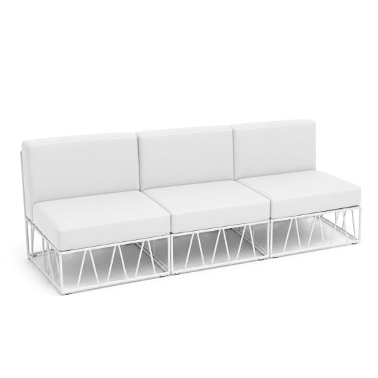 Minimalist modular 3-piece sofa with white cushions and white wire frame base