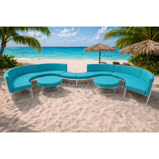 Contemporary curved ottoman with white wire frame and turquoise upholstered cushion