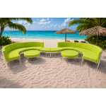 Modern curved lounge chair with white wire frame and light pink upholstered cushion