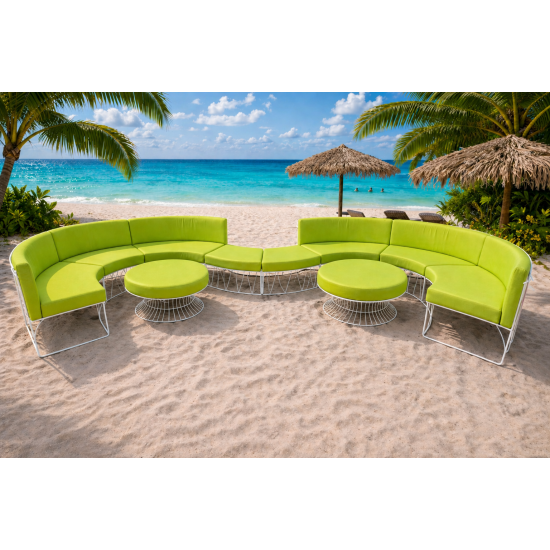 Modern curved lounge chair with white wire frame and light pink upholstered cushion
