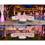 Modern curved lounge chair with white wire frame and light pink upholstered cushion