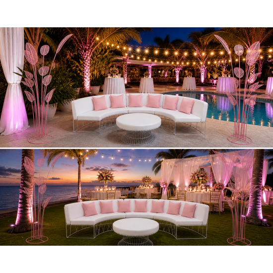 Modern curved lounge chair with white wire frame and light pink upholstered cushion