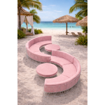 Modern curved lounge chair with white wire frame and light pink upholstered cushion